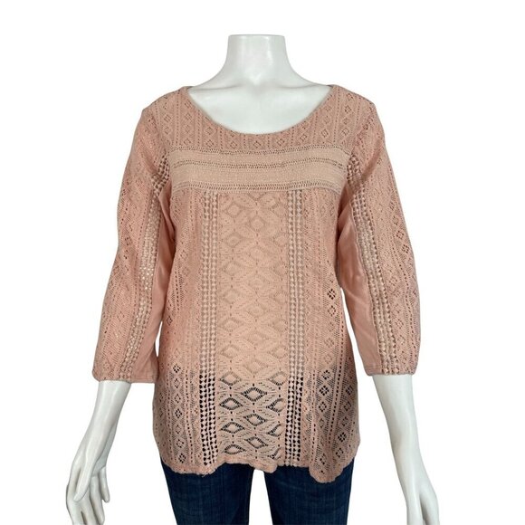 Lucky Brand Medium 3/4 Sleeve Lace Shirt Knit Back Pink Sheer - Picture 1 of 7